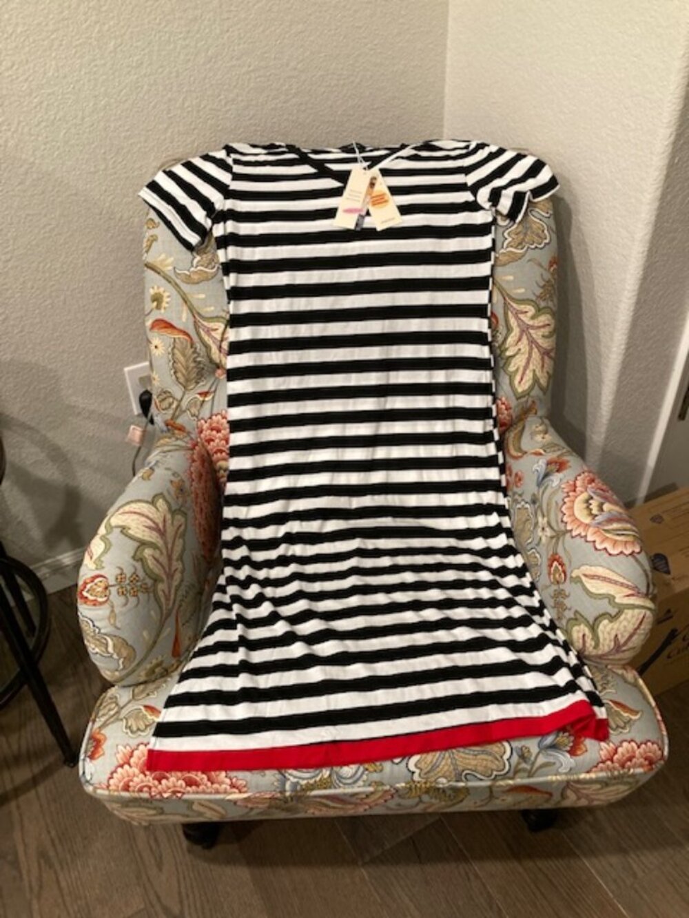 V-neck Striped Dress in Black, White and Red